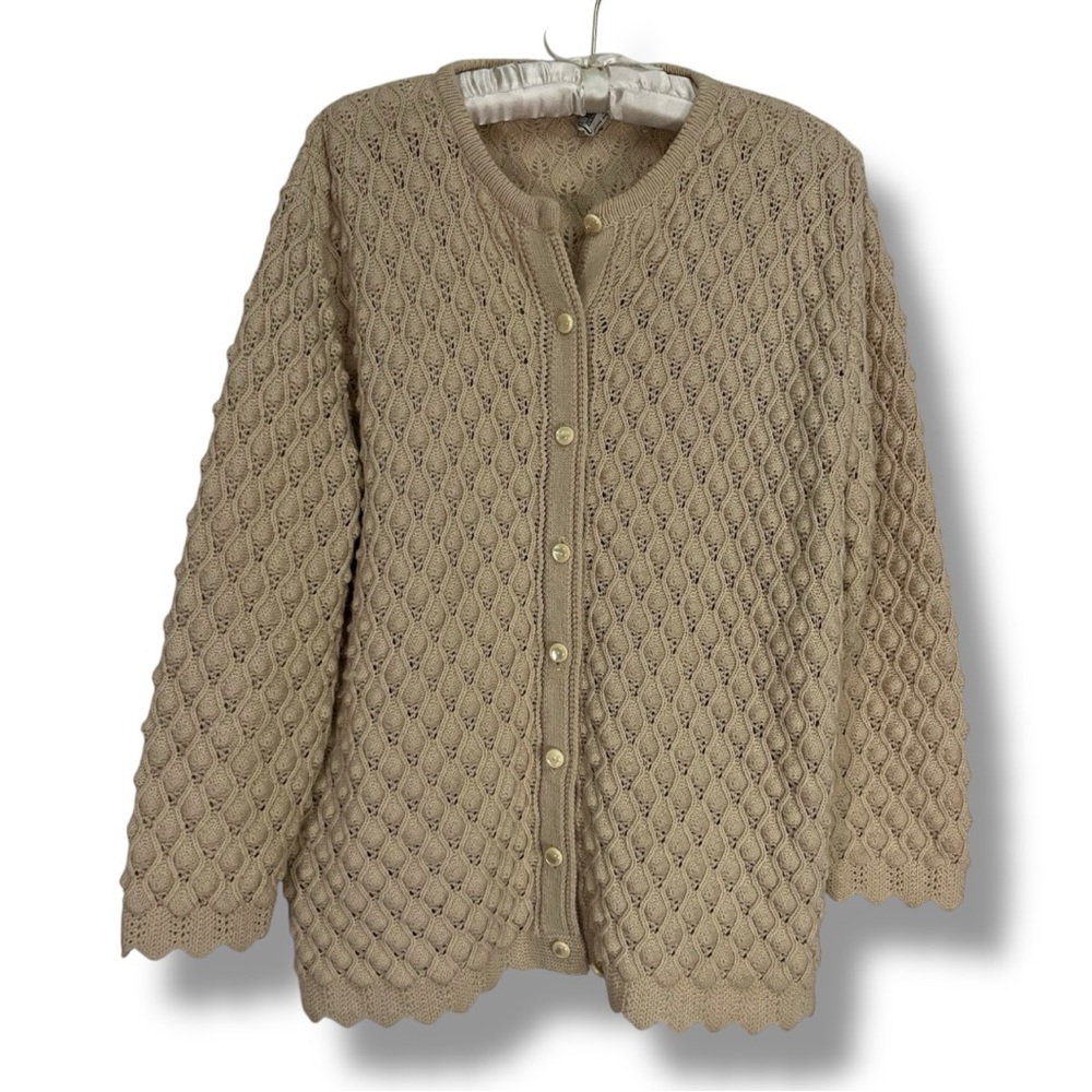 VTG Cuddle Knit Cream Cardigan Tan Sweater Off White Textured Coastal Grandma Lg